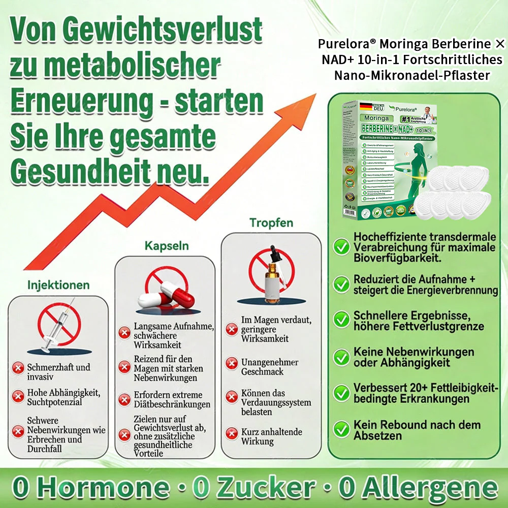 🔥 Offizieller Bestseller丨Purelora® Moringa Berberine x NAD+ 10-in-1 Nano-Mikronadel-Patch (Nur einmal täglich, sichtbare Veränderungen in 7 Tagen) ✅ Für Übergewicht, lockere Haut, Diabetes, Schlafapnoe, Gelenkprobleme und mehr - Image 11